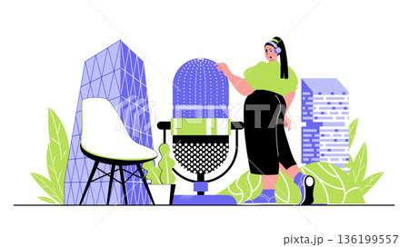 Radio station concept for modern web design. People works as presenters on radio program, speaking to microphone, broadcasting and streaming. Flat vector illustration isolated on white background. 136199557