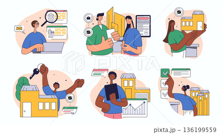 Real estate concept set for web design. Collection with people searching house online, buying new home, calculation mortgage, investment, more. Flat vector illustration isolated on white background. 136199559