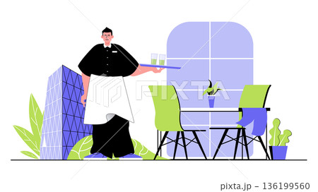 Restaurant concept for modern web design. People having dinner at cafe, waiter carries menu and glasses, serving romantic date or evening dining. Flat vector illustration isolated on white background. Restaurant concept for modern web design. People having dinner at cafe, waiter carries menu and glasses, serving romantic date or evening dining. Flat vector illustration isolated on white background. 136199560
