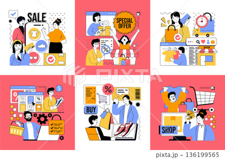 Shopping and Ecommerce concept of social media banners set for web design. People buying in online stores, making purchases with bargain discount prices, paying credit card. Vector illustrations. 136199565