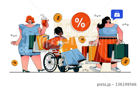 Shopping concept for modern web design. Happy women hold bags with purchases, diverse people buying at store, shop or mall with discount sale. Flat vector illustration isolated on white background. Shopping concept for modern web design. Happy women hold bags with purchases, diverse people buying at store, shop or mall with discount sale. Flat vector illustration isolated on white background. 136199566