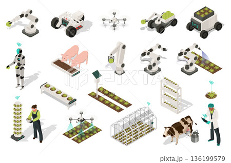 Smart farm 3d isometric set. Collection isolated flat elements of robotic arm manipulation, gardening machinery, drone, harvesting, ai robot, watering, vertical greenhouse, more. Vector illustration. 136199579