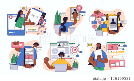 Social media influence concept set for web design. Collection with people developing blogs, making advertising posts, attracting followers, more. Flat vector illustration isolated on white background. 136199581
