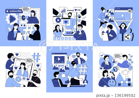 Social media influencer concept of social media banners set for web design. People creating posts with photos and advertising, online promotion, communicating with followers. Vector illustrations. 136199582