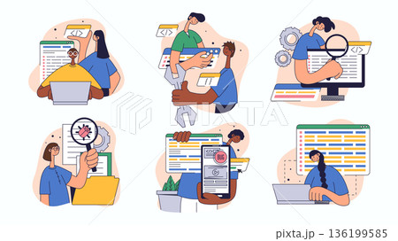 Software testing concept set for web design. Collection with people programming, testing code, searching errors, fixing bugs, reporting, more. Flat vector illustration isolated on white background. 136199585