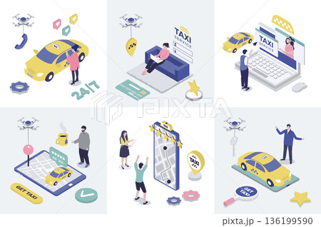 Taxi service 3d isometry concept for web design. Collection set with isometric people booking car online, tracking traffic and map navigation in app, call for ordering transfer. Vector illustration. 136199590