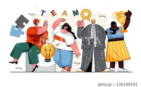 Teamwork concept for modern web design. People colleagues collaborate on project, brainstorming new ideas, developing business, winning awards. Flat vector illustration isolated on white background. 136199591