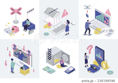 Unemployment and crisis 3d isometry concept for web design. Collection set with isometric people was fired, financial problems, jobless, global economic recession with arrow down. Vector illustration. 136199596