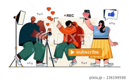 Video blogging concept for modern web design. People work in team and recording content, blogger making live streaming for followers from phone. Flat vector illustration isolated on white background. 136199598