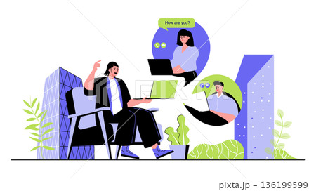 Video conference concept for modern web design. People connecting and talking with friends on zoom, making online call using laptop at home. Flat vector illustration isolated on white background. 136199599