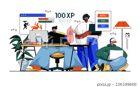 Video game concept for modern web design. People playing games online, gaming by computer or laptop, team taking part in e-sport competition. Flat vector illustration isolated on white background. 136199600