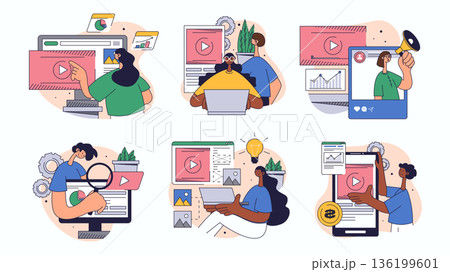 Video marketing concept set for web design. Collection with people creating content, making advertising campaigns, promoting in blogs, more. Flat vector illustration isolated on white background. 136199601
