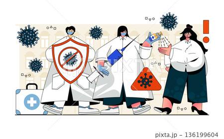Virus protection concept for modern web design. People protecting against disease, stop pandemic spread doctors doing vaccinations and treatment. Flat vector illustration isolated on white background. 136199604