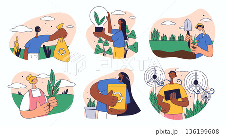 World environment day concept set for web design. Collection with picking garbage, recycling, using alternative energy, organic farming, more. Flat vector illustration isolated on white background. World environment day concept set for web design. Collection with picking garbage, recycling, using alternative energy, organic farming, more. Flat vector illustration isolated on white background. 136199608