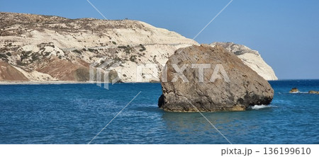 Dramatic Cyprus Cliffs with Large Rock and Azure Sea 136199610