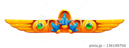 Ancient Egypt ornament, Egyptian divider frame and border. Cartoon decorative badge with golden wings, green gems, and central blue floral accents. Vector fantasy game icon, asset or magical relic 136199708