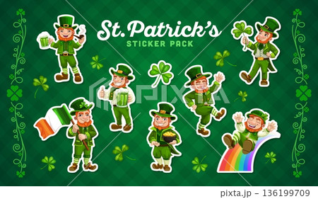 Leprechaun character stickers pack for Happy St Patrick day of Irish holiday, cartoon vector. Stickers with funny leprechaun characters on rainbow with Ireland flag or with green ale beer and clover 136199709