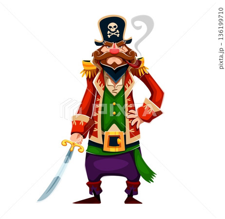 Cartoon pirate captain vector character holds a sharp curved sword and smoking pipe. Caribbean pirate character or corsair wearing red jacket with golden epaulettes, green shirt and purple trousers 136199710