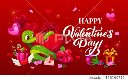 Happy Valentine day greeting card with lovely snake. Vector banner with adorable cute green reptile holding large heart surrounded by balloons flowers, love letters and gift on romantic red background Happy Valentine day greeting card with lovely snake. Vector banner with adorable cute green reptile holding large heart surrounded by balloons flowers, love letters and gift on romantic red background 136199712