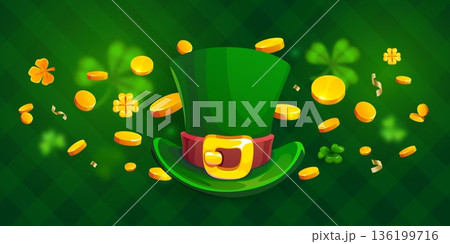 Happy St Patrick Day holiday background with leprechaun hat and golden coins, vector banner. Saint Patrick Irish holiday background with plaid pattern and splash of golden coins with shamrock clovers 136199716