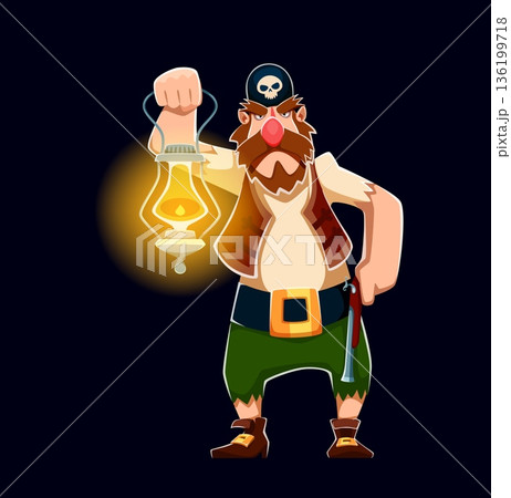 Cartoon pirate character standing on guard with lantern glowing in the dark. Pirate man in black hat, brown vest with golden belt buckle and sturdy shoes. Caribbean pirate or corsair sailor character 136199718