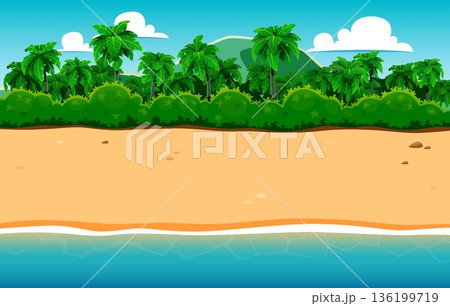 Tropical sandy beach landscape with soft beige sand in the foreground. Lush green bushes and tall palm trees stand against blue sky with scattered white clouds. Cartoon vector pirate island background 136199719