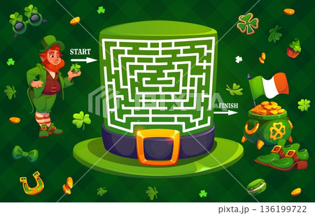 Leprechaun hat with labyrinth maze game for St Patrick day holiday, vector worksheet. Kids puzzle game of labyrinth maze to help leprechaun to find way or road for gold coins pot and Irish flag 136199722