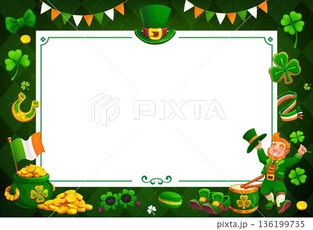 Happy St Patrick day holiday greeting in frame of Irish flags and clovers, vector banner. Saint Patrick blank background with leprechaun gold coins, lucky horseshoe and shamrock for greeting card 136199735