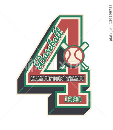 Varsity sport patch label, retro emblem featuring the number 4, crossed baseball bats and ball in the center. Vector badge for champion team uniform, college vintage sports apparel and stickers Varsity sport patch label, retro emblem featuring the number 4, crossed baseball bats and ball in the center. Vector badge for champion team uniform, college vintage sports apparel and stickers 136199738