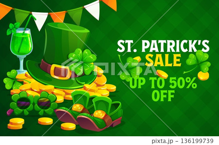 St Patricks day sale banner. Saint Patrick sale offer vector card, spring season discount flyer with leprechaun top hat, sunglasses and shoes, golden coins, Ireland garland, cocktail and clovers St Patricks day sale banner. Saint Patrick sale offer vector card, spring season discount flyer with leprechaun top hat, sunglasses and shoes, golden coins, Ireland garland, cocktail and clovers 136199739
