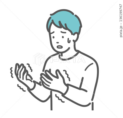 手の痺れ・震えに戸惑う男性のイラスト（手根管症候群・糖尿病・頸椎症） 136199747