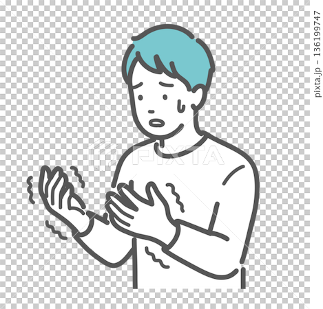 手の痺れ・震えに戸惑う男性のイラスト（手根管症候群・糖尿病・頸椎症） 136199747