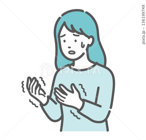手の痺れ・震えに戸惑う女性のイラスト(更年期障害・手根管症候群・リウマチ) 手の痺れ・震えに戸惑う女性のイラスト(更年期障害・手根管症候群・リウマチ) 136199749