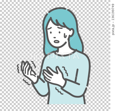 手の痺れ・震えに戸惑う女性のイラスト(更年期障害・手根管症候群・リウマチ) 手の痺れ・震えに戸惑う女性のイラスト(更年期障害・手根管症候群・リウマチ) 136199749