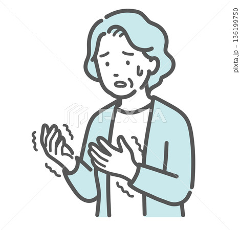 手の痺れ・震えに戸惑う高齢女性のイラスト（パーキンソン病・脳梗塞・リウマチ） 136199750