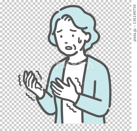 手の痺れ・震えに戸惑う高齢女性のイラスト（パーキンソン病・脳梗塞・リウマチ） 136199750