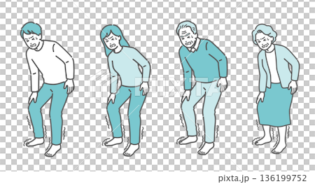 足の痺れ・痛みに耐える老若男女のイラストセット（糖尿病・坐骨神経痛・全世代） 136199752