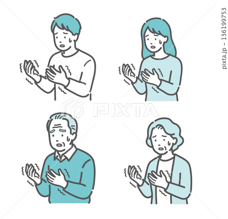 手の痺れ・震えに戸惑う老若男女のイラストセット（糖尿病・脳梗塞・パーキンソン病） 136199753