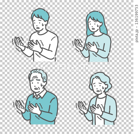 手の痺れ・震えに戸惑う老若男女のイラストセット（糖尿病・脳梗塞・パーキンソン病） 136199753