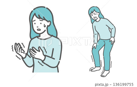 手足の痺れ・震えに悩む女性のイラストセット（更年期障害・糖尿病・甲状腺疾患） 136199755