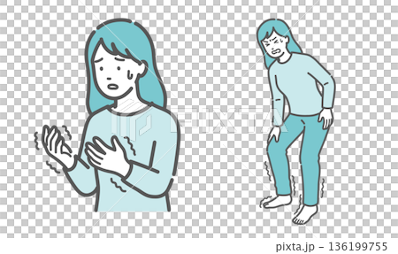 手足の痺れ・震えに悩む女性のイラストセット（更年期障害・糖尿病・甲状腺疾患） 136199755