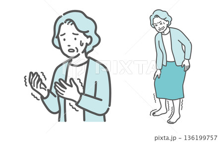 手足の痺れ・震えに悩む高齢女性のイラストセット（脳梗塞・リウマチ・糖尿病） 136199757