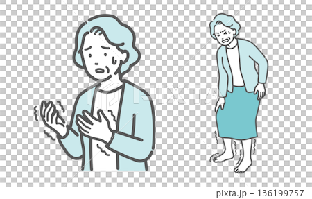 手足の痺れ・震えに悩む高齢女性のイラストセット（脳梗塞・リウマチ・糖尿病） 136199757