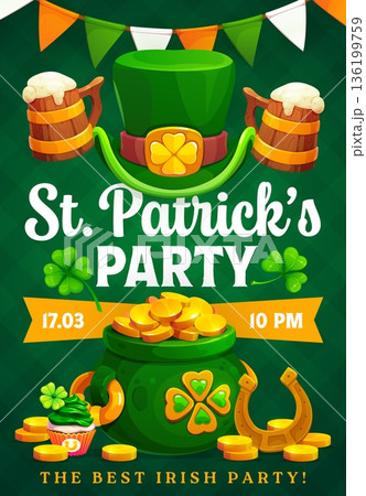 St patrick's day holiday party flyer or banner. Irish folk party vector flyer. Saint Patrick day invitation poster with leprechaun hat and pot, golden coins, flag garland, horseshoe and ale tankard 136199759