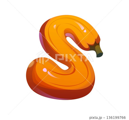 Cartoon letter S shaped like butternut pumpkin vegetable, agriculture typeface, farm font, harvest type, funny English alphabet. Vector gardening, healthy food abc character as orange curved gourd 136199766