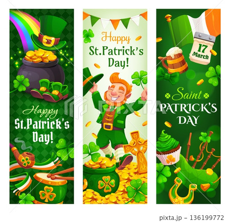 Happy St Patrick's day holiday vertical banners. Irish holiday party vector greeting card or flyers. Saint Patrick day banners with cute leprechaun, gold coins in pot, musical instruments and shamrock Happy St Patrick's day holiday vertical banners. Irish holiday party vector greeting card or flyers. Saint Patrick day banners with cute leprechaun, gold coins in pot, musical instruments and shamrock 136199772