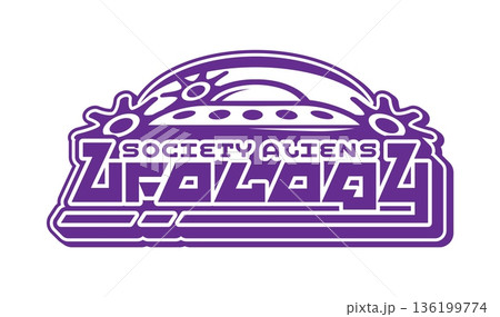 Space alien ufology and astronomy retro Y2K icon or sign. Galaxy outerspace research retro vector element, universe discovery symbol. Cosmos aliens Y2K sign with UFO, stars and abstract typography 136199774