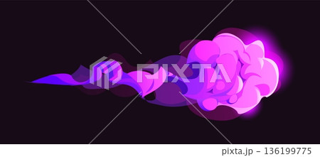 Cartoon magic purple smoke effect. Fantasy vfx explosion, game combat element, light burst, trail, dust, sparkle or comic boom attack. Isolated vector blast with magical fire, glowing energy cloud. 136199775