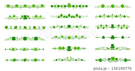 Clover dividers and borders with St Patrick day green shamrocks and hats, vector decorations. Irish ornament with shamrock trefoil clovers and leprechaun hats for Saint Patrick holiday frame borders Clover dividers and borders with St Patrick day green shamrocks and hats, vector decorations. Irish ornament with shamrock trefoil clovers and leprechaun hats for Saint Patrick holiday frame borders 136199776