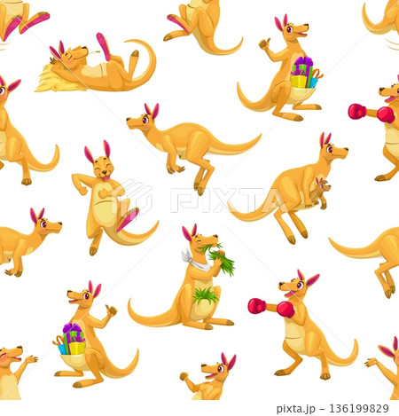 Cartoon kangaroo animals vector seamless pattern. Vector tile background, wallpaper or repeat print with funny kangaroos boxing, jumping, relaxing, carrying gifts, eating food, hopping and sleeping 136199829